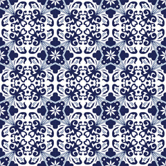 Seamless background image of vintage blue tone round curve square kaleidoscope pattern.

