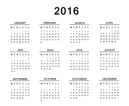 Calendar for 2016 on white background.