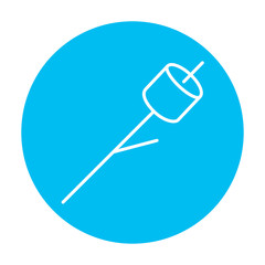 Marshmallow roasted on wooden stick line icon.