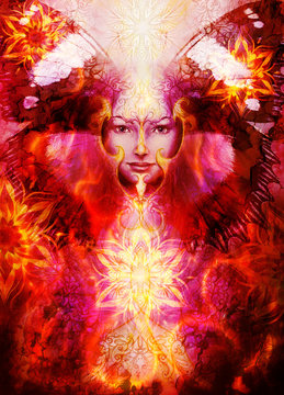  Painting Goddess Woman with bird phoenix on your face  with ornamental mandala and butterfly wings and color abstract background  and eye contact, and fire with desert crackle.