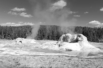 Volcanic landscape filled with geothermal activity at Yellowstone National Park, Wyoming, USA