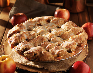 freshly baked apple pie with lattice design shot close up with selective focus