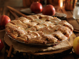 rustic baked apple pie shot close up with selective focus