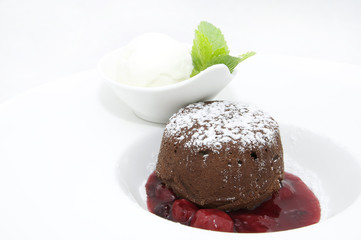 chocolate dessert with ice cream on a white background