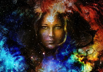 Fototapeta na wymiar Goodnes woman and lion and bird in space with galaxi and stars. profile portrait, eye contact.