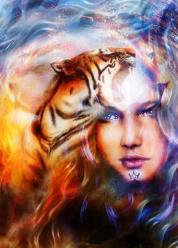 painting mighty tiger and lion head on ornamental background and mystic woman face, computer collage.