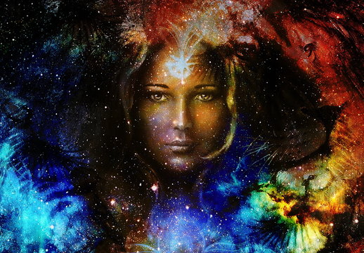 Goodnes woman and lion  and bird in space with galaxi and stars. profile portrait, eye contact.