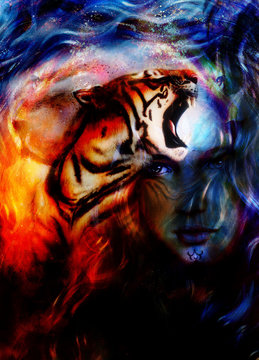 painting mighty tiger head on ornamental background and mystic woman face, computer collage.