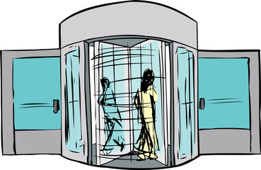 Two People in Revolving Doorway