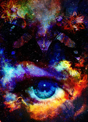 goodness woman and bird with ornamental mandala, space background with stars. eye contact. titmouse bird.