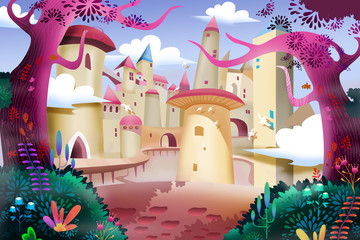 Illustration: Forest Castle. Realistic Fantastic Cartoon Style Artwork Scene, Wallpaper, Story Background, Card Design   © info@nextmars.com