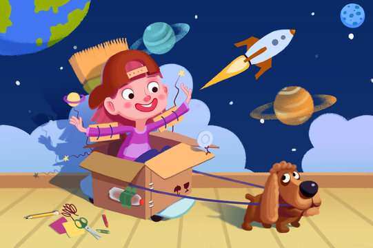 Illustration for Children: Little Doggie, We are in Space now! A Boy's Fancy. Realistic Fantastic Cartoon Style Artwork Scene, Wallpaper, Story Background, Card Design