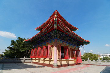 Decorated Tower of Chinese temple's curved roof in Dragon Temple Kammalawat (Wat Lengnoeiyi) in Nonthaburi, Thailand