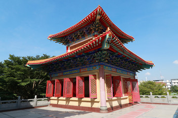 Decorated Tower of Chinese temple's curved roof in Dragon Temple Kammalawat (Wat Lengnoeiyi) in Nonthaburi, Thailand