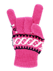 close up pink winter glove gesturing hand sign for devil horn (rock n roll symbol) isolated on white background