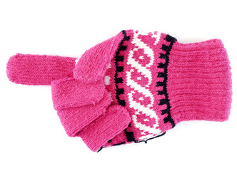 close up pink winter glove gesturing hand sign for direction symbol or pointer finger sign isolated on white