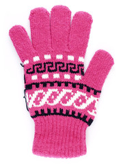 close up pink knitting wool winter children glove gesturing hand sign for stop symbol isolated on white background, vertical image