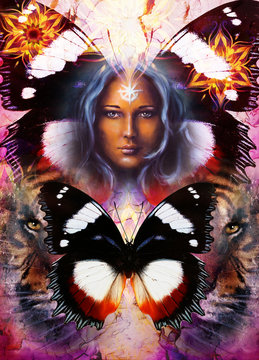 painting mighty tiger head on ornamental background and mystic woman face with white light star on face and butterfly, computer collage.