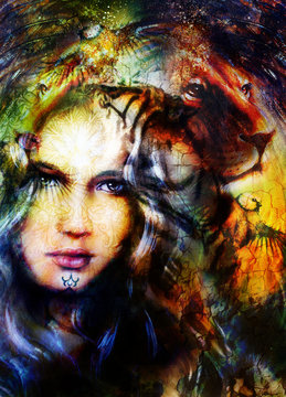 painting mighty lion head, and mystic woman face with bird, ornament background. computer collage, profile portrait