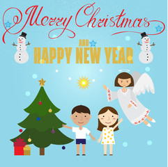 Christmas poster design with Angel, children,snowman, Christmas