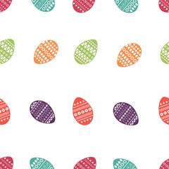 Vector seamless pattern of colorful and ornate easter eggs. Fresh and spring design for greeting cards, textile, booklet, fabric, sticker, stencil. Dots, flowers, stripes, curves, ovals, triangles