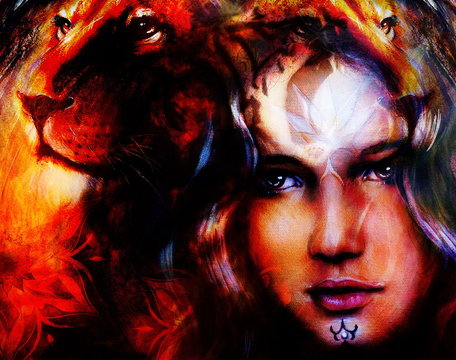painting mighty lion head on ornamental background and mystic woman face, computer collage.