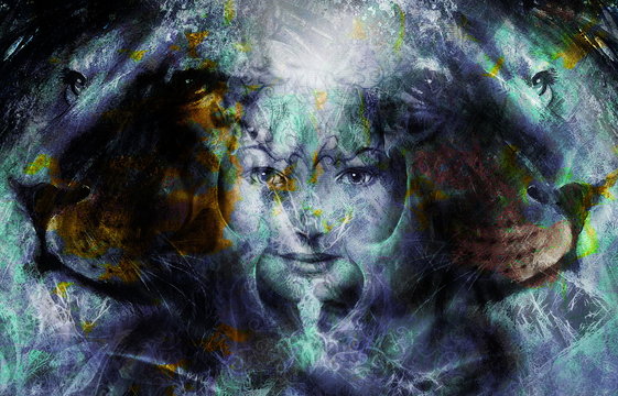 painting mighty lion head on ornamental background and mystic woman face, computer collage.