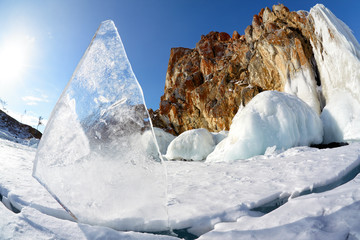 Ice floe and sun on winter Baikal