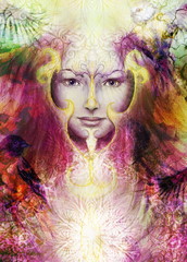 Beautiful Painting Goddess Woman with ornamental mandala and color abstract background  and bird.