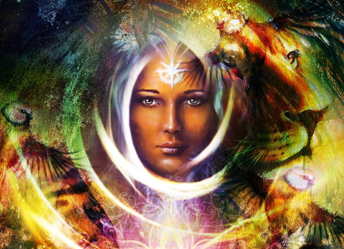 painting mighty lion and  tiger head, and mystic woman with bird, ornament background. computer collage, profile portrait, eye contact.