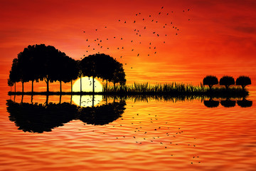 Obrazy na Szkle  Drzewa ułożone w kształcie gitary na tle zachodu słońca. Muzyczna wyspa z gitarowym odbiciem w wodzie