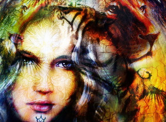 painting mighty lion head, and mystic woman face with bird, ornament background. computer collage, profile portrait