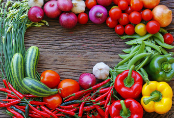  Vegetables on wooden table.