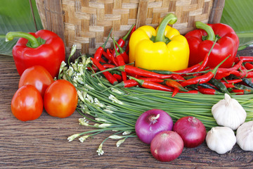  Vegetables on wooden table.