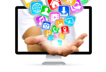 Businessman escaping from computer using modern digital applicat