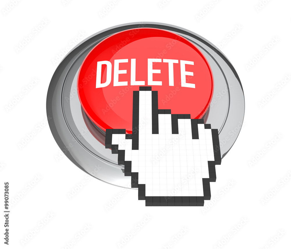 Poster mouse hand cursor on red delete button. 3d illustration.