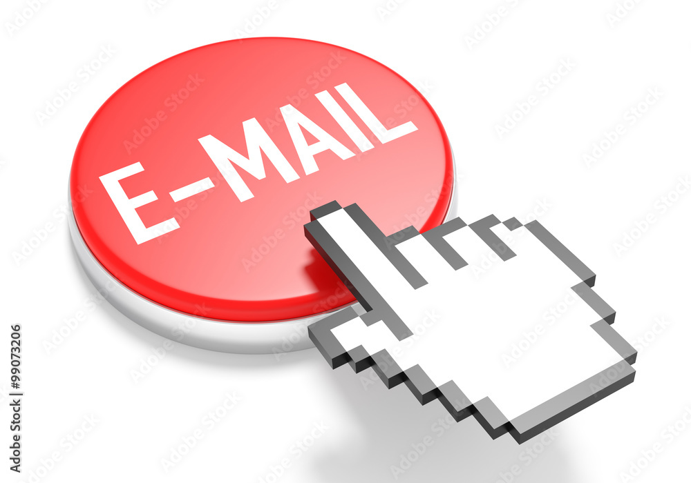 Poster mouse hand cursor on red e-mail button. 3d illustration.
