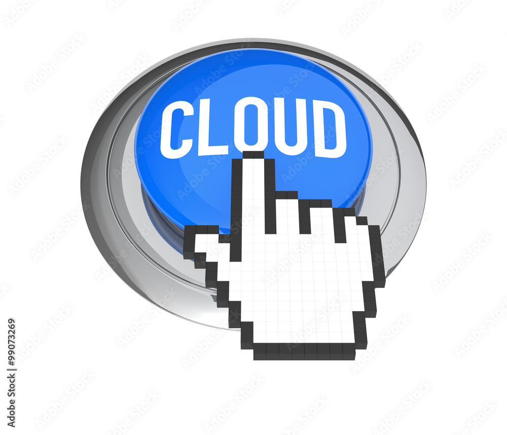 Poster mouse hand cursor on blue cloud computing button. 3d illustratio