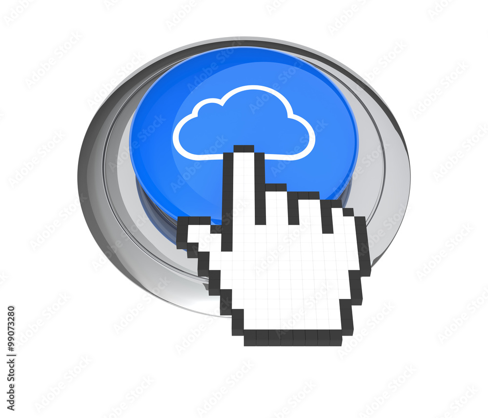 Poster mouse hand cursor on blue cloud computing button. 3d illustratio