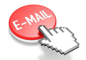 Mouse Hand Cursor on Red E-Mail Button. 3D Illustration.