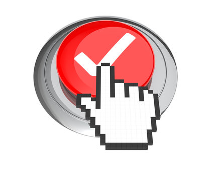 Mouse Hand Cursor on Red Check Mark Button. 3D Illustration.