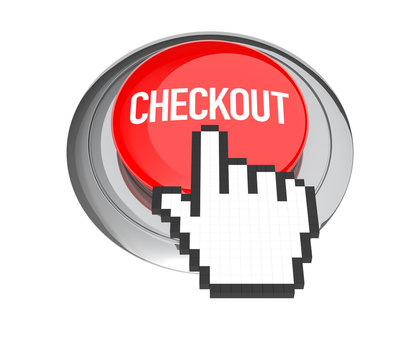 Mouse Hand Cursor on Red Checkout Button. 3D Illustration.