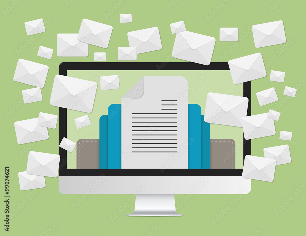 Poster email marketing concept and a lot of envelopes messages in laptop computer screen