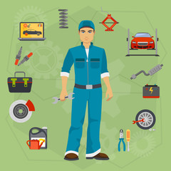 Car repair service concept with tuning diagnostics flat elements and worker man