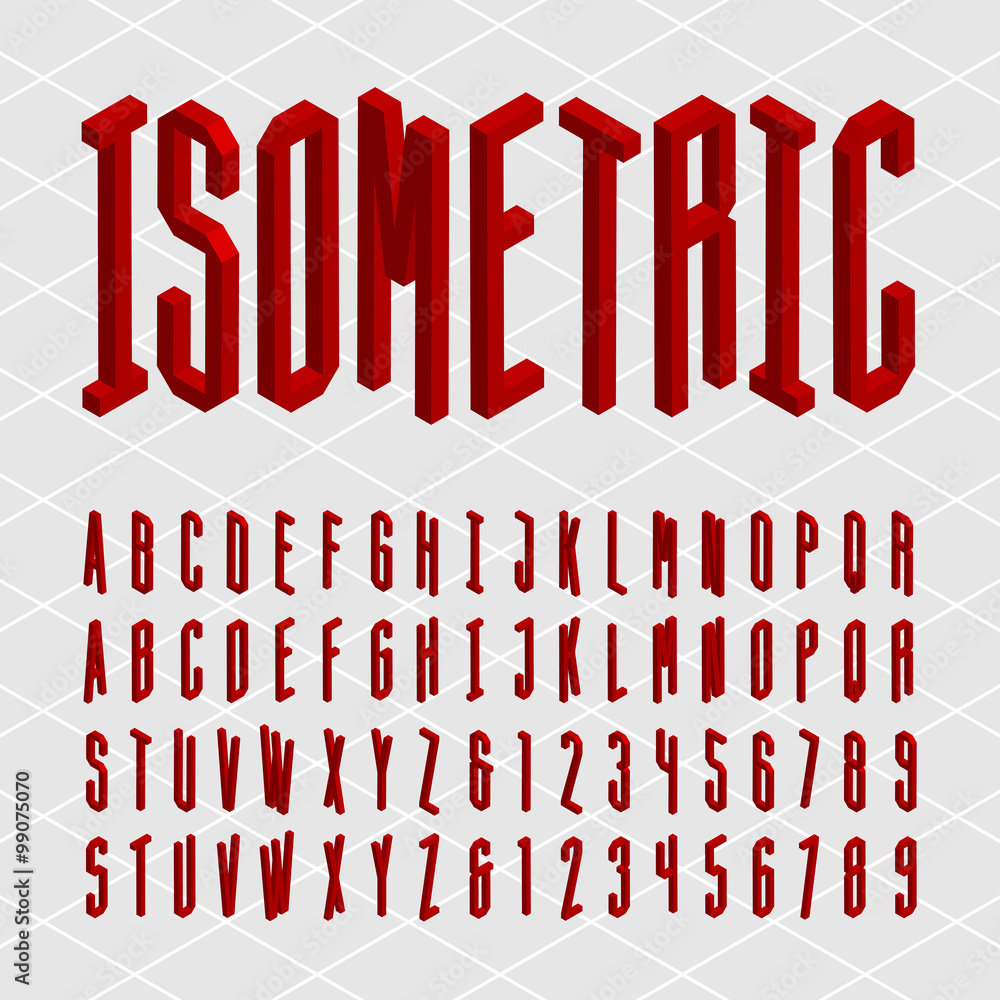 Fototapete 3d isometric alphabet vector font. isometric letters and numbers. decorative vector typeset.