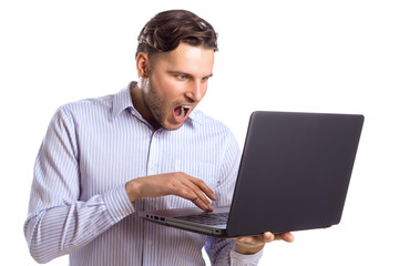 Handsome Surprised Businessman Skreaming At Laptop