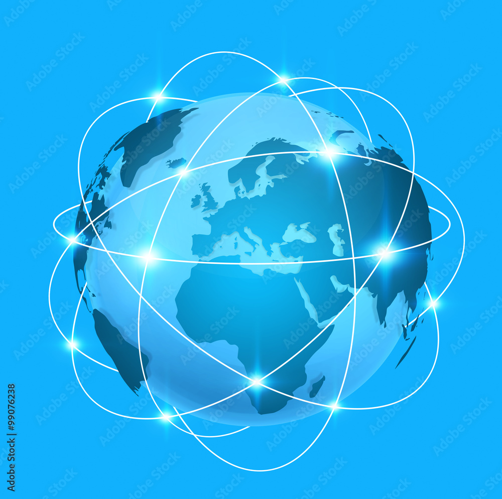 Poster blue digital world map with connection