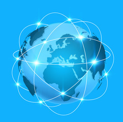 Blue digital world map with connection