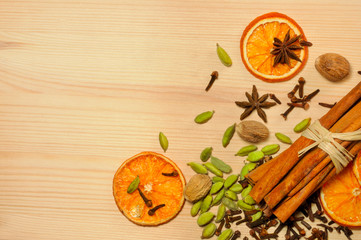Spices on  wooden background