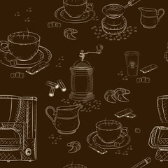 Coffee seamless pattern (coffee machine, cup, scoop, sugar, coffee mill, cinnamon, cezve, milk jug, biscuit, croissant, coffee beans, saucer, paper cup)